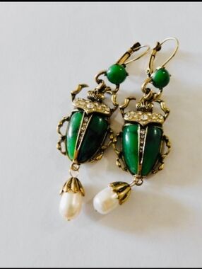 Green Scarab Drop Earrings with Pearl Pendants